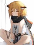  1girl absurdres animal_ear_fluff animal_ears arknights bandaged_arm bandages bare_legs bare_shoulders black_cape black_shorts blonde_hair blush cape closed_mouth commentary ears_down feet_out_of_frame fox_ears fox_girl fox_tail hair_ornament hairclip highres hood hood_down hooded_cape jewelry looking_at_viewer necklace oripathy_lesion_(arknights) short_hair short_shorts shorts sitting skindentation solo strapless tab_head tail thigh_strap v-shaped_eyebrows vermeil_(arknights) yellow_eyes 