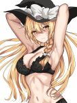  1girl :s armpits black_bra black_panties blonde_hair blush bra braid breasts hat kaeranu_kaeru kirisame_marisa lace-trimmed_bra lace-trimmed_panties lace_trim large_breasts long_hair navel panties presenting_armpit side_braid simple_background single_braid touhou underwear white_background witch_hat 