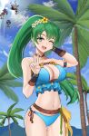  4girls bikini blue_hair blue_sky breasts cleavage cloud day desspie earrings fire_emblem fire_emblem:_radiant_dawn fire_emblem:_the_blazing_blade fire_emblem_awakening fire_emblem_heroes green_eyes green_hair highres jewelry lilith_(fire_emblem) long_hair lucina_(fire_emblem) lyn_(fire_emblem) marth_(fire_emblem_awakening) mask mia_(fire_emblem) multiple_girls one_eye_closed open_mouth outdoors palm_tree ponytail robin_(fire_emblem) robin_(fire_emblem)_(female) short_hair sky solo_focus swimsuit tree twintails v white_hair 
