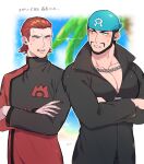  2boys age_(moco018) anger_vein archie_(pokemon) beard black_eyes black_hair black_shirt blue_bandana chain_necklace clenched_teeth coat commentary_request crossed_arms facial_hair highres logo long_sleeves male_focus maxie_(pokemon) multiple_boys mustache open_mouth outline pectoral_cleavage pectorals pokemon pokemon_(game) pokemon_rse popped_collar red_coat shirt short_hair sweatdrop team_aqua team_magma teeth tongue turtleneck 
