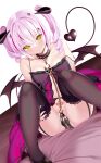  1girl breasts demon_girl demon_horns demon_tail demon_wings garter_straps highres horns lingerie looking_at_viewer machimura_komori original panties pink_hair spread_legs tail thighhighs thighs underwear wings yellow_eyes 