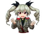  1girl anchovy_(girls_und_panzer) anzio_military_uniform black_bow black_necktie bow collared_shirt girls_und_panzer green_hair green_shirt grey_jacket hair_bow hands_up highres itou_yuuji jacket long_hair long_sleeves looking_at_viewer necktie open_mouth red_eyes shirt simple_background solo sweatdrop twintails upper_body white_background wing_collar 