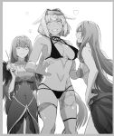  3girls ass_visible_through_thighs bent_over bikini black_bikini body_markings caenis_(fate) caenis_(swimsuit_rider)_(fate) dress eyewear_on_head fate/grand_order fate_(series) feather_trim fur-trimmed_dress fur_trim greyscale hands_up headpiece highres looking_at_another monochrome multiple_girls navel nervous sarong scathach_(fate) scathach_(swimsuit_assassin)_(fate) scathach_skadi_(fate) smile sunglasses swimsuit syatey tiara wand 
