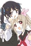  2girls alternate_hairstyle bangs black_hair blush bow bunny_hair_ornament eyebrows_visible_through_hair fang hair_ornament hairclip highres light_brown_hair long_hair looking_at_viewer multiple_girls namori natori_sana nijisanji open_mouth ponytail red_eyes sana_channel simple_background smile tsukino_mito twintails two_side_up virtual_youtuber white_background 