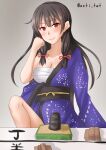  1girl alternate_costume anti_(untea9) black_hair breasts chest_sarashi cleavage collarbone eyebrows_visible_through_hair gradient gradient_background hadanugi_dousa hair_ribbon highres isokaze_(kancolle) japanese_clothes kantai_collection kimono large_breasts long_hair looking_at_viewer purple_kimono red_eyes red_ribbon ribbon sarashi sitting smile solo tress_ribbon twitter_username 