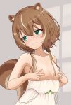  1girl animal_ear_fluff animal_ears ayunda_risu blush breasts brown_hair cleavage clothes_pull dress dress_pull embarrassed eyebrows_visible_through_hair eyes_visible_through_hair green_eyes hair_ornament hair_over_shoulder hands_on_own_chest highres hololive hololive_indonesia leaf_hair_ornament long_hair looking_to_the_side low_twintails medium_breasts multicolored_hair nipples sleeveless sleeveless_dress spaghetti_strap squirrel_ears squirrel_girl squirrel_tail tail telomere twintails two-tone_hair virtual_youtuber white_dress window_shade 