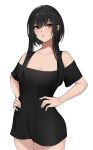  1girl bangs bare_shoulders black_dress black_hair blush brown_eyes closed_mouth collarbone cowboy_shot dress eyebrows_visible_through_hair hands_on_hips highres looking_at_viewer mole mole_under_eye nyatokanyaru original short_dress short_hair_with_long_locks short_sleeves sidelocks solo 