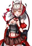  +++ 1girl absurdres ahoge arknights bare_shoulders black_skirt bow bowtie cowboy_shot demon_girl demon_horns demon_tail fang grey_hair grey_shirt headset heart heart_hands highres horns kurosabi_neko looking_at_viewer medium_hair midriff navel open_mouth pink_bow red_bow red_bowtie red_wristband shirt simple_background skin_fang skirt solo tail tail_bow tail_ornament w_(arknights) white_background yellow_eyes 