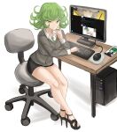  1girl alternate_costume black_footwear breasts collared_shirt fourth_wall green_eyes green_hair green_necktie high_heels highres keyboard_(computer) long_sleeves looking_at_viewer medium_breasts messy_hair monitor mouse_(computer) necktie office_lady one-punch_man panties pantyshot rakeemspoon shirt short_hair sitting solo swivel_chair tatsumaki twitter underwear white_shirt 