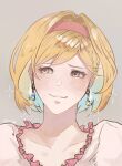  1girl absurdres artist_name bangs blonde_hair blush brown_eyes closed_mouth colored_inner_hair djeeta_(granblue_fantasy) dress earrings fighter_(granblue_fantasy) granblue_fantasy hairband highres jewelry mokimi multicolored_hair pink_hairband short_hair simple_background smile solo upper_body white_dress 