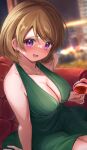  1girl breasts cleavage commentary_request cup dress drinking_glass glass green_dress holding holding_cup jewelry koizumi_hanayo large_breasts looking_at_viewer love_live! love_live!_school_idol_project necklace open_mouth purple_eyes short_hair sleeveless sleeveless_dress smile solo suzushi_moruto 