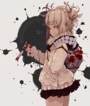  1girl bangs blonde_hair blood blood_on_clothes boku_no_hero_academia bottle closed_eyes closed_mouth cowboy_shot double_bun from_side grey_background hair_ornament heart holding holding_knife knife kona_(konahana) long_sleeves messy_hair miniskirt pleated_skirt scarf short_hair sideways_glance simple_background skirt smile solo splatter toga_himiko white_background 