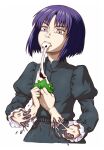  1girl android bob_cut broken clenched_teeth commentary_request dress eating ghost_in_the_shell green_dress highres itou_yuuji juliet_sleeves kusanagi_motoko long_sleeves mechanical_parts mochi puffy_sleeves purple_eyes purple_hair short_hair simple_background solo teeth upper_body white_background wide-eyed 