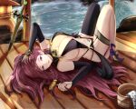  1girl ass bare_hips bare_shoulders black_legwear black_swimsuit braid breasts bridge bucket cleavage collar commission commissioner_upload detached_sleeves earrings fire_emblem fire_emblem_heroes garter_belt garters hair_ornament high_heels highres holding inug jewelry lantern large_breasts legs_together lips loki_(fire_emblem) long_hair looking_at_viewer lying navel on_back open_mouth outdoors planted planted_sword pond pubic_tattoo purple_eyes purple_hair sideboob single_thighhigh slingshot_swimsuit smile solo swimsuit sword tattoo thighhighs weapon wooden_bucket 