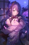  1girl absurdres between_breasts breasts cleavage commentary_request full_moon genshin_impact hair_ornament harusame_(user_wawj5773) highres japanese_clothes large_breasts looking_at_viewer moon night night_sky petals purple_eyes purple_hair raiden_shogun sky solo 