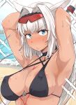  1girl animal_ears areola_slip areolae armpits arms_up beach bikini black_bikini blue_eyes blush body_markings breasts caenis_(fate) caenis_(swimsuit_rider)_(fate) covered_nipples eyebrows_visible_through_hair eyewear_on_head fate/grand_order fate_(series) flanvia highres large_breasts looking_at_viewer sparkle sunglasses sweat sweatdrop swimsuit white_hair 