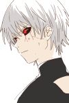  1boy blood heterochromia highres kaneki_ken looking_at_viewer male_focus namori red_eyes short_hair simple_background solo tokyo_ghoul upper_body white_background white_hair 