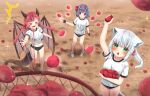  &gt;_&lt; 3girls :o animal_ears arm_up bad_hands bad_proportions ball ball_toss black_buruma black_gloves blush buruma cat_ears dragon_wings gloves green_eyes gym_uniform michiru_donut multiple_girls navel original outdoors red_hair sample shirt short_hair sports_festival standing sweat tail twintails watermark white_footwear white_hair white_shirt wings 