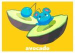  avocado azurill black_eyes border commentary_request food food_on_face frown full_body highres looking_at_viewer no_humans open_mouth pokemon pokemon_(creature) saiku_(zvlku) solo white_border yellow_background 