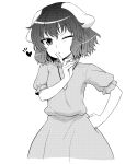  1girl animal_ears blowing_kiss blush dress greyscale hand_on_hip hand_up heart highres inaba_tewi index_finger_raised itou_yuuji looking_at_viewer medium_hair monochrome one_eye_closed rabbit_ears short_sleeves simple_background solo touhou white_background 