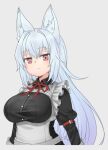  1girl animal_ear_fluff animal_ears bangs black_shirt breasts commentary_request eyebrows_visible_through_hair fox_ears grey_background hair_between_eyes juliet_sleeves large_breasts light_blue_hair long_hair long_sleeves maid neck_ribbon nyifu original puffy_sleeves red_eyes red_ribbon ribbon shirt simple_background smile solo underboob upper_body very_long_hair wing_collar 