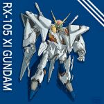  blue_background character_name glowing glowing_eyes green_eyes gundam gundam_hathaway&#039;s_flash head_tilt highres mecha mobile_suit no_humans open_hands science_fiction solo v-fin voldox xi_gundam 