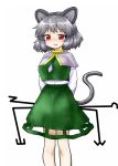  1girl alternate_breast_size animal_ears arms_behind_back blush breasts capelet eyebrows_visible_through_hair feet_out_of_frame green_skirt green_vest grey_capelet grey_hair highres holding itou_yuuji jewelry large_breasts looking_at_viewer medium_hair mouse_ears mouse_tail nazrin necklace parted_lips red_eyes shirt simple_background skirt smile solo standing sweatdrop tail touhou vest white_background white_shirt 