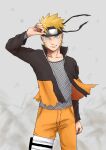  1boy blonde_hair blue_eyes forehead_protector grey_background grey_shirt highres long_sleeves looking_at_viewer naruto_(series) naruto_shippuuden ninja open_mouth orange_pants pants pinoko_(pnk623) shirt short_hair smile solo teeth torn_jacket uzumaki_naruto v-shaped_eyebrows wind wind_lift 