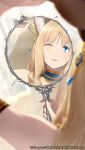  1girl animal_ears blonde_hair blue_eyes blurry blurry_foreground cat_ears character_request collar depth_of_field hair_brushing hand_mirror holding holding_mirror looking_at_viewer mirror one_eye_closed parted_lips reflection smile solo somehira_katsu warau_ars_notoria 