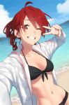  1girl absurdres beach bikini black_bikini collarbone commentary drill_hair dutch_angle grin hand_up highres jacket kasane_teto looking_at_viewer midriff navel ocean one_eye_closed open_clothes open_jacket outstretched_arm red_eyes red_hair selfie short_hair smile solo swimsuit twin_drills upper_body utau v v_over_eye white_jacket yasutange 