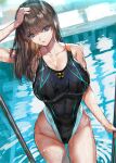  1girl bangs black_swimsuit blue_eyes breasts brown_hair cleavage collared_shirt commentary_request competition_swimsuit eyebrows_visible_through_hair hand_on_own_head highleg highleg_swimsuit highres hip_focus large_breasts long_hair looking_at_viewer one-piece_swimsuit original parted_lips pool pool_ladder ran&#039;ou_(tamago_no_kimi) shiny shiny_hair shirt solo standing straight_hair swimsuit water wet wet_clothes wet_swimsuit 