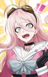  ! !! 1girl antenna_hair bangs barbed_wire black_choker black_gloves blonde_hair bow breasts choker cleavage commentary danganronpa_(series) danganronpa_v3:_killing_harmony drooling fingerless_gloves gloves goggles goggles_on_head hair_between_eyes hand_up highres iruma_miu large_breasts long_hair long_sleeves multicolored_background o-ring open_mouth pink_eyes pink_shirt shirt solo symbol-only_commentary teeth ttegi_(ddeck_dg) upper_teeth white_background yellow_background 