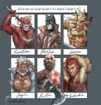  6+boys aegir_(housamo) anchor_earrings animal_ears aqua_hair armor axe bakemono_no_ko bald bara bare_pectorals bear_boy bear_ears beard biceps blacksad_(comic) blue_eyes bodypaint breastplate cape cat_boy cat_ears character_name chest_hair cigarette cleavage_cutout clothing_cutout commentary crossover dark-skinned_male dark_skin digimon digimon_(creature) earrings english_commentary english_text eyewear_on_head facial_hair fangs fate/zero fate_(series) forked_eyebrows fur-trimmed_cape fur_trim furry furry_male god_of_war grin hadanugi_dousa highres holding holding_axe holding_sword holding_weapon iskandar_(fate) japanese_clothes jewelry john_blacksad kimono kratos kumatetsu leather leomon lion_boy looking_at_viewer male_focus mature_male multicolored_hair multiple_boys multiple_crossover muscular muscular_male necktie nick300 nipples open_clothes open_shirt pectoral_cleavage pectorals red_eyes red_fur red_hair red_kimono short_hair single_earring six_fanarts_challenge smile streaked_hair sunglasses sword thick_eyebrows tokyo_afterschool_summoners upper_body weapon white_hair 