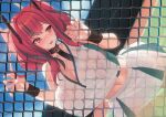  1girl against_fence azur_lane bangs bare_shoulders black_collar black_hair blue_sky blush breasts bremerton_(azur_lane) bremerton_(scorching-hot_training)_(azur_lane) chain-link_fence chromatic_aberration cleavage cloud collar collarbone commentary_request covered_nipples cowboy_shot crop_top crop_top_overhang crossed_bangs day dutch_angle eyebrows_visible_through_hair fence green_skirt hair_between_eyes hair_intakes hair_ornament large_breasts leash long_hair looking_back midriff mole mole_under_eye multicolored_hair nail_polish navel nose_blush official_alternate_costume open_mouth outdoors pink_eyes pink_hair pink_nails see-through shirt sidelocks skirt sky sleeveless sleeveless_shirt solo sportswear standing streaked_hair sweat takibi_(tamikyo) teeth tennis_court tennis_uniform twintails two-tone_hair two-tone_shirt two-tone_skirt upper_teeth wet wet_clothes wet_shirt white_shirt white_skirt wristband 