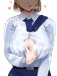  1girl after_paizuri blonde_hair blue_necktie blue_skirt breasts button_gap closed_mouth collared_shirt commentary cum cum_on_body cum_on_breasts dress_shirt english_commentary head_out_of_frame heart highres huge_breasts necktie neckwear_lift okpriko original partially_unbuttoned shirt short_hair simple_background skirt sleeve_cuffs solo stray_pubic_hair sweat tongue tongue_out white_background white_shirt wing_collar 