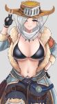  1girl arm_up bikini black_bikini black_gloves blush breasts cleavage cowboy_hat denim desspie eyebrows_visible_through_hair fingerless_gloves gloves grin hand_on_hip hat highres jeans large_breasts long_hair looking_at_viewer mole mole_under_eye monster_hunter:_world monster_hunter_(character) monster_hunter_(series) navel one_eye_closed pants parted_lips purple_eyes silver_hair smile solo swimsuit teeth v 