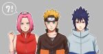  1girl 2boys black_hair blonde_hair blue_eyes closed_mouth forehead forehead_protector green_eyes grey_background haruno_sakura jacket long_sleeves looking_at_viewer multiple_boys naruto_(series) naruto_shippuuden ninja pink_hair pinoko_(pnk623) red_eyes red_shirt sharingan shirt short_hair short_sleeves simple_background sleeveless sleeveless_shirt smile team7 uchiha_sasuke uzumaki_naruto v-shaped_eyebrows 