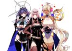  3girls :d arm_under_breasts belt black_cape black_dress black_gloves black_legwear black_nails blonde_hair blue_cape blue_eyes blush bow bracer breasts bunny_hair_ornament cape chain cleavage closed_eyes collar commentary_request crab crab_on_head dark_blue_hair dark_skin dress eyebrows_visible_through_hair frown gem gloves hair_ornament halo hand_on_hip hand_on_own_face heart holding_hands hololive hololive_english jewelry large_breasts limiter_(tsukumo_sana) looking_at_viewer mamaloni mori_calliope multiple_girls nail_polish open_mouth ouro_kronii pink_hair red_eyes see-through_sleeves short_hair sideboob single_thighhigh smile spikes star_(symbol) striped thighhighs tiara tsukumo_sana twintails underboob veil virtual_youtuber white_background white_belt white_gloves yatagarasu_(tsukumo_sana) zettai_ryouiki zipper 