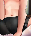  1girl bike_shorts black_shorts blurry blurry_background breasts butterfly_sitting close-up commentary facing_viewer knees_apart_feet_together kuro_yanagi lower_body navel original shorts sitting skindentation solo sweat underboob white_legwear 