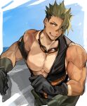  1boy abs achilles_(fate) bangs bara bare_pectorals black_gloves black_shirt clothes_around_waist day fate/apocrypha fate/grand_order fate_(series) gloves goggles goggles_around_neck green_hair green_jacket highres jacket jacket_around_waist large_pectorals male_focus muscular muscular_male nipples open_mouth orange_eyes outdoors pectorals picube525528 shirt short_hair sidepec sky sleeveless sleeveless_shirt smile solo tan tanlines teeth upper_body upper_teeth 