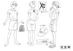  1990s_(style) 1boy absurdres backwards_hat barefoot baseball_cap casual from_behind from_side greyscale hat highres ikari_shinji looking_to_the_side male_focus monochrome multiple_views neon_genesis_evangelion official_art production_art production_note retro_artstyle sadamoto_yoshiyuki sandals shorts sideways_glance simple_background white_background zip_available 