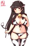  1girl alternate_costume animal_ears animal_print artist_logo bell bikini black_hair breasts commentary_request cow_ears cow_horns cow_print cow_tail cowbell cowboy_shot dated fake_animal_ears fake_horns front-tie_top hair_ribbon horns isokaze_(kancolle) kanon_(kurogane_knights) kantai_collection large_breasts long_hair looking_at_viewer one-hour_drawing_challenge red_eyes ribbon side-tie_bikini simple_background solo swimsuit tail thighhighs tress_ribbon white_background white_bikini white_legwear 