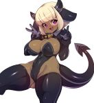  1girl absurdres animal_ears bangs bell black_horns black_legwear blonde_hair blunt_bangs breasts cleavage commentary cow_ears cowbell dark-skinned_female dark_skin double_v english_commentary eyebrows_visible_through_hair fang highres horns large_breasts looking_at_viewer neck_bell original pink_eyes short_hair simple_background skin_fang slugbox solo sweat tail thighhighs v white_background 