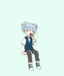  1boy androgynous ansatsu_kyoushitsu blue_footwear blue_hair blue_vest blush bracelet closed_eyes eating food green_background grey_pants highres jewelry mo!_(mossu) pants popsicle shiota_nagisa shirt sitting solo sweat sweatdrop vest watermelon_bar white_shirt 