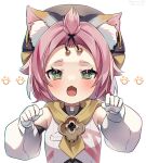  1girl :3 :d animal_ears bangs_pinned_back cat_ears choker close-up commentary_request detached_sleeves diona_(genshin_impact) fangs forehead genshin_impact gloves green_eyes hat highres looking_at_viewer nyaruin open_mouth paw_pose paw_print_palms pink_hair puffy_detached_sleeves puffy_sleeves short_hair sidelocks simple_background smile solo thick_eyebrows white_background white_gloves 