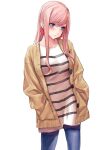  1girl applekun blue_eyes brown_jacket casual contrapposto denim earrings embarrassed fate/grand_order fate_(series) hands_in_pockets highres jacket jeans jewelry long_hair looking_away miyamoto_musashi_(fate) pants pink_hair shirt sidelocks solo striped striped_shirt white_background white_shirt 