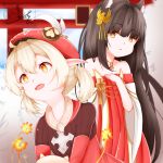  2girls :d ahoge animal_ears azur_lane bangs bare_shoulders bent_over black_hair blunt_bangs brown_scarf cabbie_hat clover_print coat collarbone commentary_request crossover detached_sleeves dress eyebrows_visible_through_hair fox_ears genshin_impact hair_between_eyes hair_ornament hand_on_own_chest hat hat_feather hat_ornament highres iroki_(iroki1211) jewelry jumpy_dumpty klee_(genshin_impact) kuno_misaki light_brown_hair long_hair long_sleeves looking_at_another looking_away low_twintails multiple_girls nagato_(azur_lane) necklace open_mouth orange_eyes parted_lips pointy_ears red_coat red_dress red_headwear scarf sidelocks signature smile torii twintails voice_actor_connection wide_sleeves yellow_eyes 
