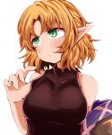  1girl bangs black_shirt blonde_hair blush breasts brown_jacket clip_studio_paint_(medium) closed_mouth commentary_request eyebrows_visible_through_hair green_eyes half_updo highres jacket looking_to_the_side medium_breasts mizuhashi_parsee multicolored_clothes multicolored_jacket pointy_ears removing_jacket shirt short_hair simple_background sleeveless sleeveless_shirt solo touhou upper_body white_background yasui_nori 