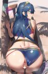  1girl absurdres after_sex after_vaginal alternate_costume anus ass back beach bent_over bikini bikini_aside blue_bikini blue_eyes blue_hair blue_swimsuit blush censored closed_mouth clothing_aside commentary commission cum cum_in_pussy cumdrip day eyebrows_visible_through_hair feet_out_of_frame fire_emblem fire_emblem_awakening fire_emblem_cipher from_behind furrowed_brow hair_between_eyes highres long_hair looking_at_viewer looking_back lucina_(fire_emblem) mazenda_(3378) mosaic_censoring outdoors palm_tree pov pussy shadow skeb_commission smile solo steaming_body swimsuit symbol-shaped_pupils thighs tiara tree 
