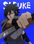  1boy black_hair blue_background character_name chokutou closed_mouth grey_eyes grey_jacket heterochromia highres holding holding_sword holding_weapon jacket katana naruto_(series) naruto_shippuuden ninja official_style pinoko_(pnk623) red_eyes rinnegan sharingan short_hair short_sleeves solo sword uchiha_sasuke v-shaped_eyebrows weapon 